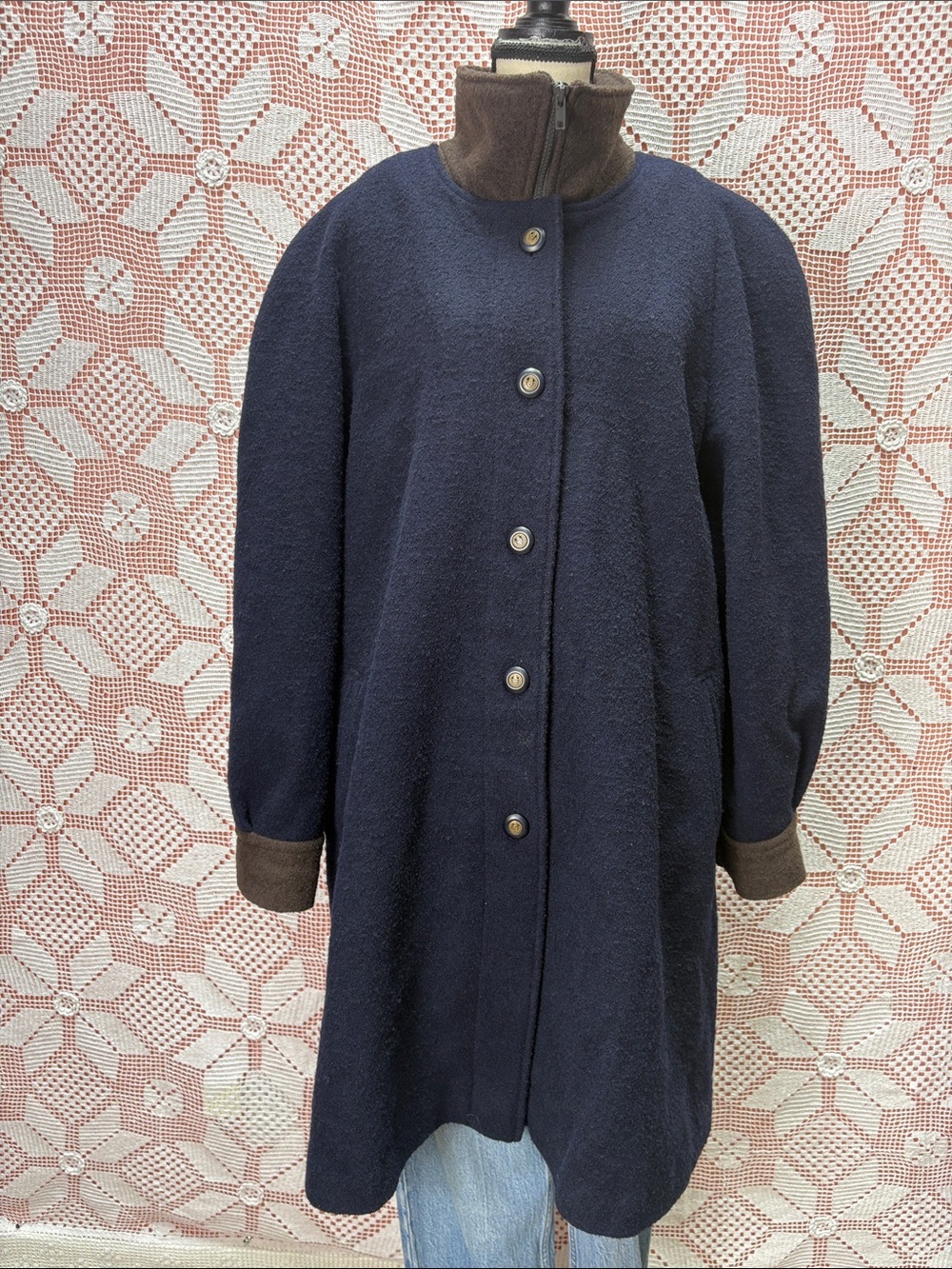 Vintage Luba Bouclé Wool Blend Layered Coat – Navy/Brown